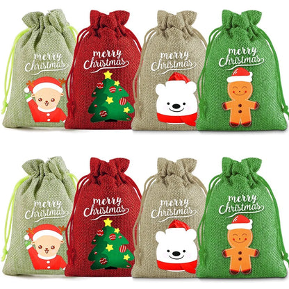 Christmas Cute Santa Claus Letter Snowman Linen Party Festival Gift Bags