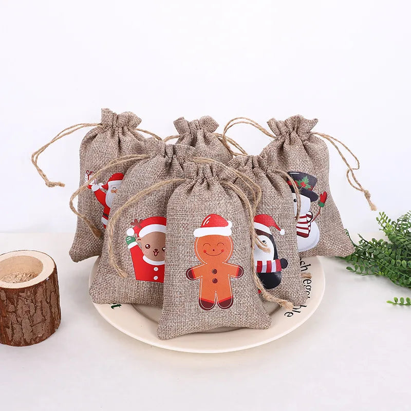 Christmas Gift Bag Drawstring Pocket Linen Hot Stamping Candy Bag Party Holiday Suit Small Cloth Bag