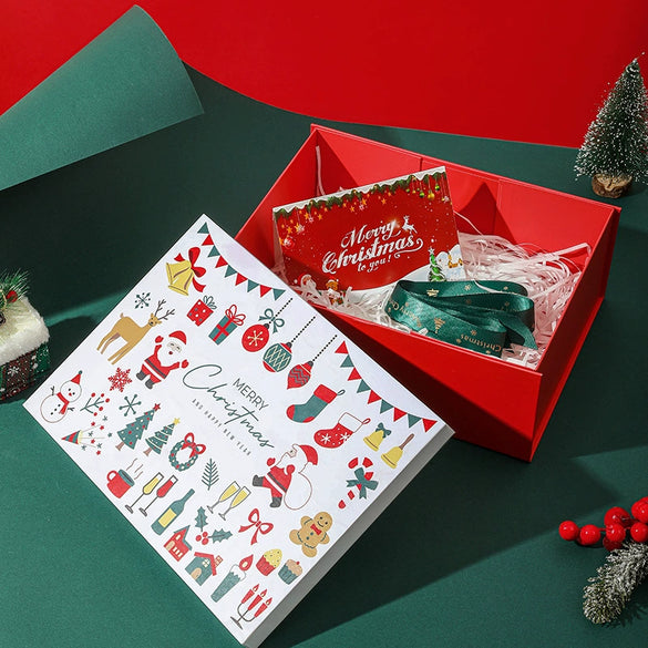 Christmas Gift Box With Red Joy Design Card And Raffia Detail Uv Finish Special Paper Folding Box With Separate Lid And Base