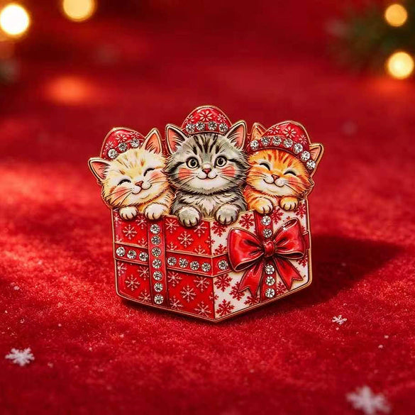 Christmas Kitten Brooch Set For Women Electroplated Alloy Cat Design With Printed Details And Rhinestone Embellishment In Gift Box