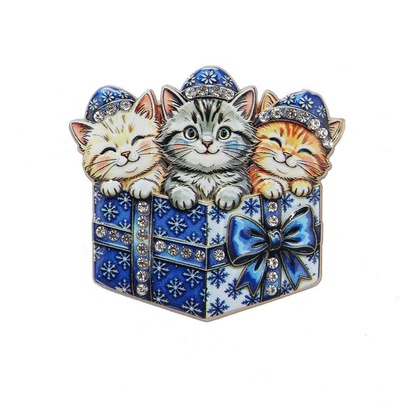 Christmas Kitten Brooch Set For Women Electroplated Alloy Cat Design With Printed Details And Rhinestone Embellishment In Gift Box