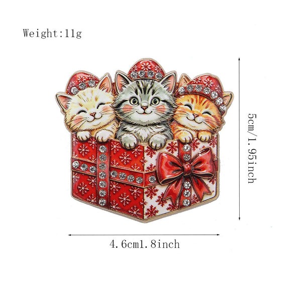 Christmas Kitten Brooch Set For Women Electroplated Alloy Cat Design With Printed Details And Rhinestone Embellishment In Gift Box