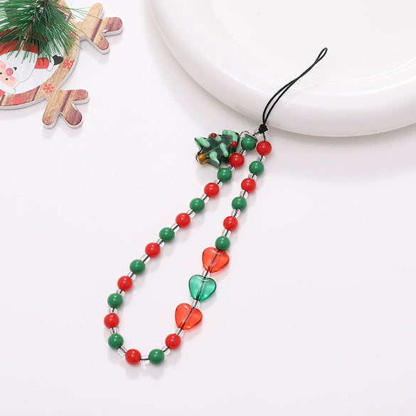 Christmas Mobile Phone Chain Acrylic Beaded With Santa Claus And Short Christmas Tree Pendants Electroplated Wrist Strap Antilost Chain With Love Heart Water Drop Bell Patterns
