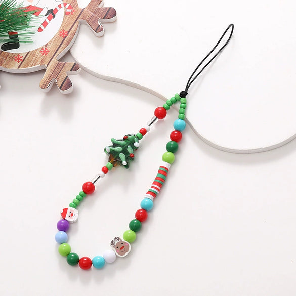 Christmas Mobile Phone Chain Acrylic Beaded With Santa Claus And Short Christmas Tree Pendants Electroplated Wrist Strap Antilost Chain With Love Heart Water Drop Bell Patterns