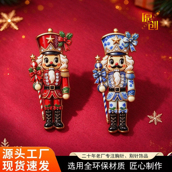 Christmas Nutcracker Soldier Brooch For Women Electroplated Alloy Enamel Cartoon Character Pin With Glaze Drip Finish