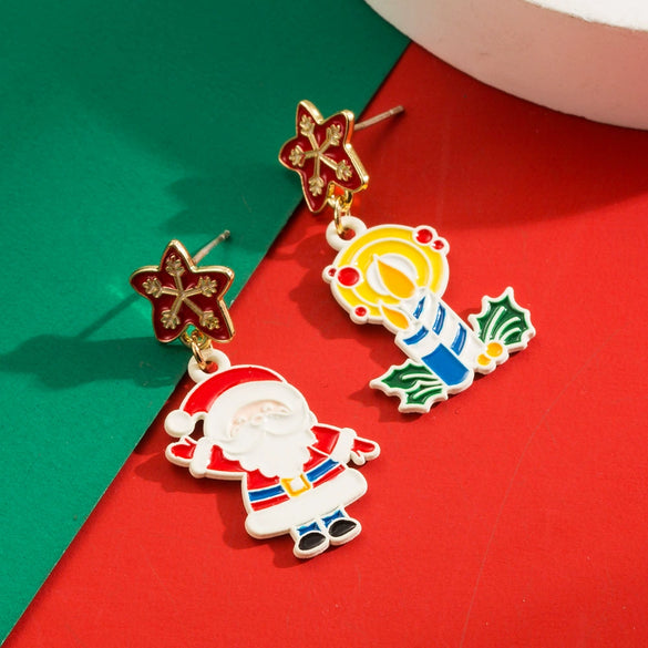 Christmas Series Alloy Earrings With Santa Claus Snowman Bow Dripping Oil Design For Women