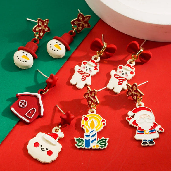 Christmas Series Alloy Earrings With Santa Claus Snowman Bow Dripping Oil Design For Women