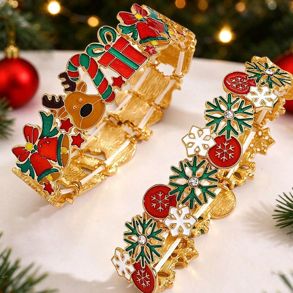 Christmasthemed Oil Drip Alloy Elastic Bracelet With Geometric Holiday Charms For Women And Men
