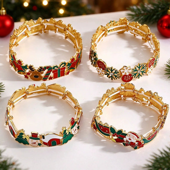 Christmasthemed Oil Drip Alloy Elastic Bracelet With Geometric Holiday Charms For Women And Men