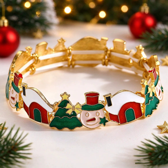 Christmasthemed Oil Drip Alloy Elastic Bracelet With Geometric Holiday Charms For Women And Men