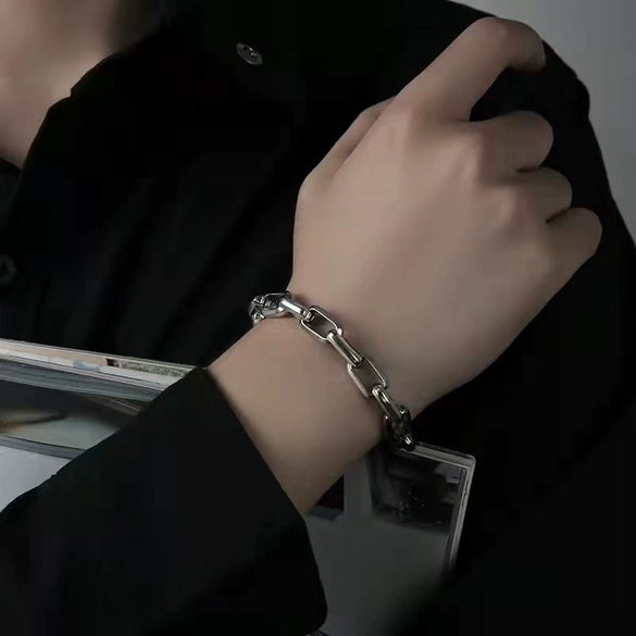 Chunky Cuban Link Bracelet In Titanium Steel With Geometric Square Buckle And Electroplated Hip Hop Street Style Design