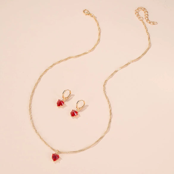 Classic Crystal Zircon Love Heart Pattern Glass And Copper Jewelry Necklace Earrings Set For Women