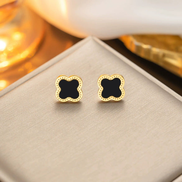 Classic Fourleaf Clover Titanium Steel Stud Earrings For Women With Electroplating And Flower Pattern