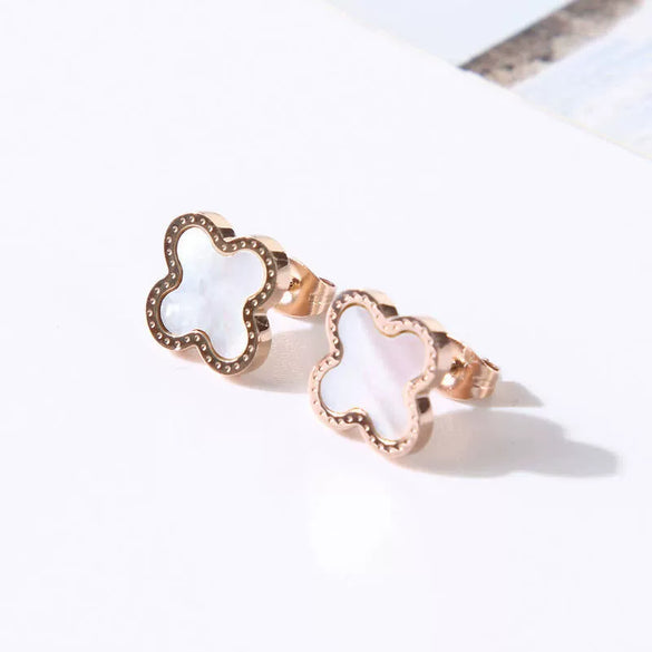 Classic Fourleaf Clover Titanium Steel Stud Earrings For Women With Electroplating And Flower Pattern