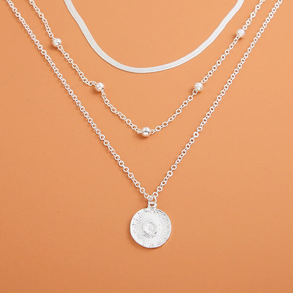 Classic Gold Beads Flat Snake Chain Disc Three Layer Women's Necklace In Alloy With Electroplating And Round Pattern