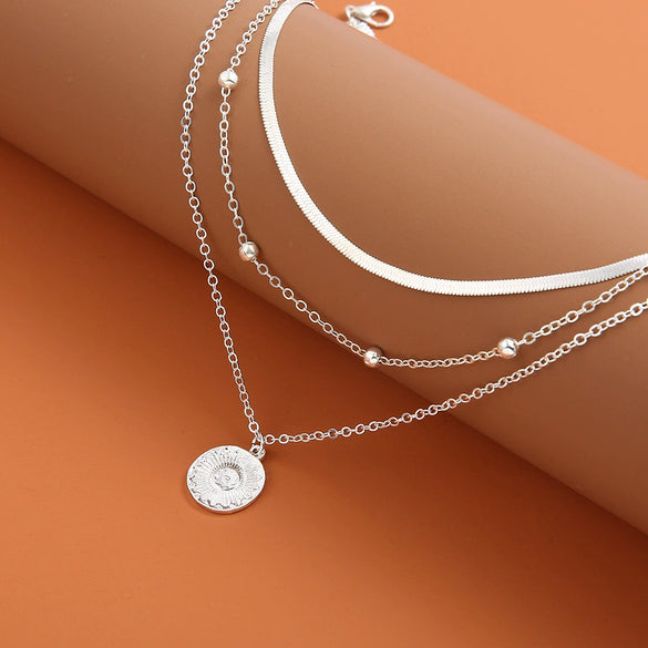 Classic Gold Beads Flat Snake Chain Disc Three Layer Women's Necklace In Alloy With Electroplating And Round Pattern