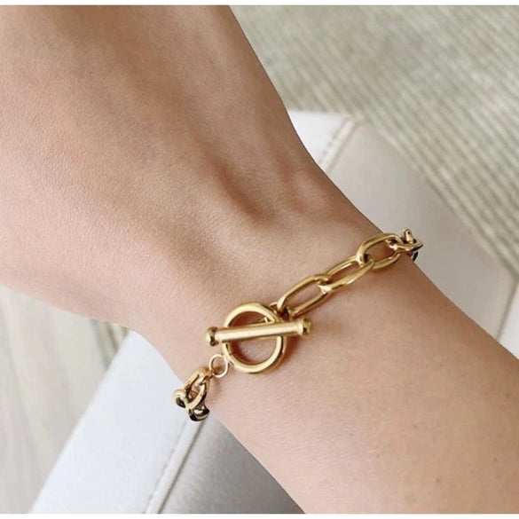 Classic Gold Plated Stainless Steel Oval Chain Paper Clip Bracelet For Women With Electroplating Process