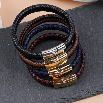 Classic Style British Style Color Block Pu Leather Men'S Bangle