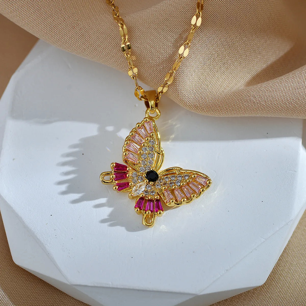 Classic Style Butterfly Copper Inlay Zircon Pendant Necklace