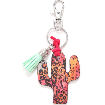 Classic Style Commute Cactus Printing Wood Bag Pendant Keychain