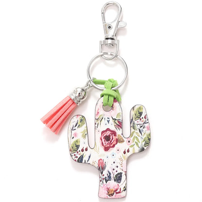 Classic Style Commute Cactus Printing Wood Bag Pendant Keychain