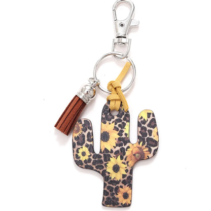 Classic Style Commute Cactus Printing Wood Bag Pendant Keychain