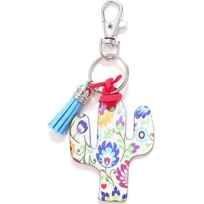 Classic Style Commute Cactus Printing Wood Bag Pendant Keychain