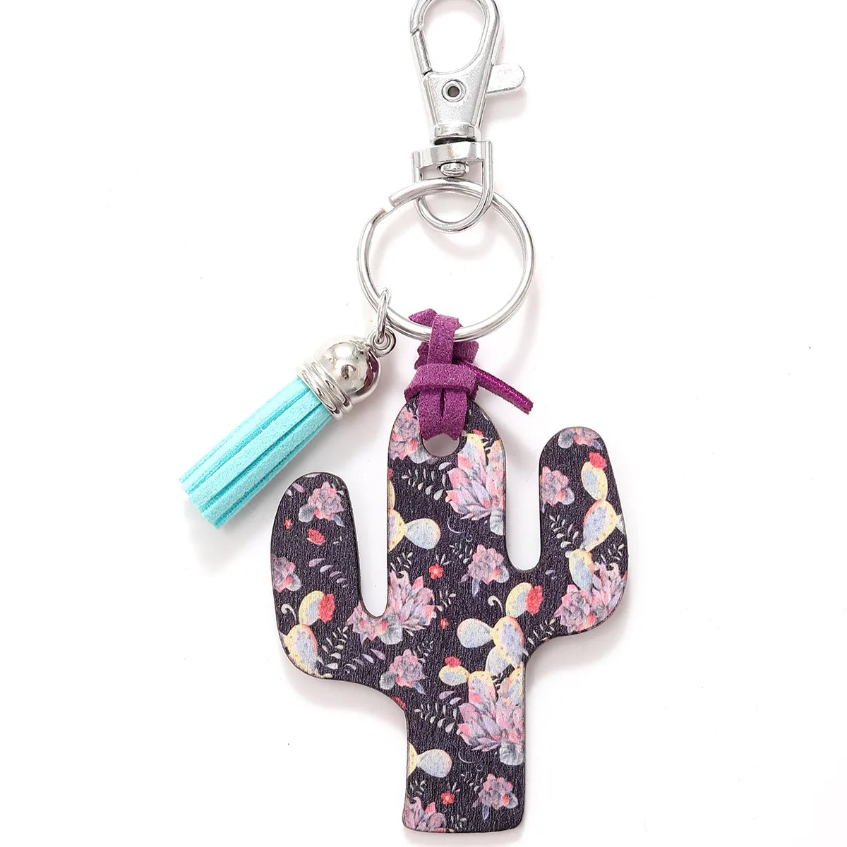 Classic Style Commute Cactus Printing Wood Bag Pendant Keychain