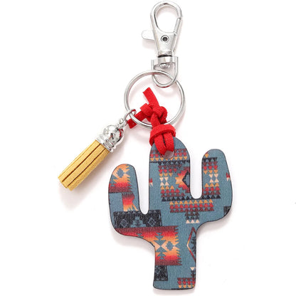 Classic Style Commute Cactus Printing Wood Bag Pendant Keychain