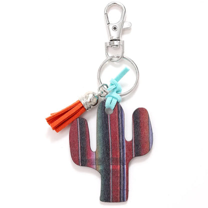 Classic Style Commute Cactus Printing Wood Bag Pendant Keychain