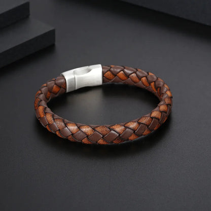 Classic Style Commute Color Block 304 Stainless Steel Pu Leather Braid Men'S Bangle