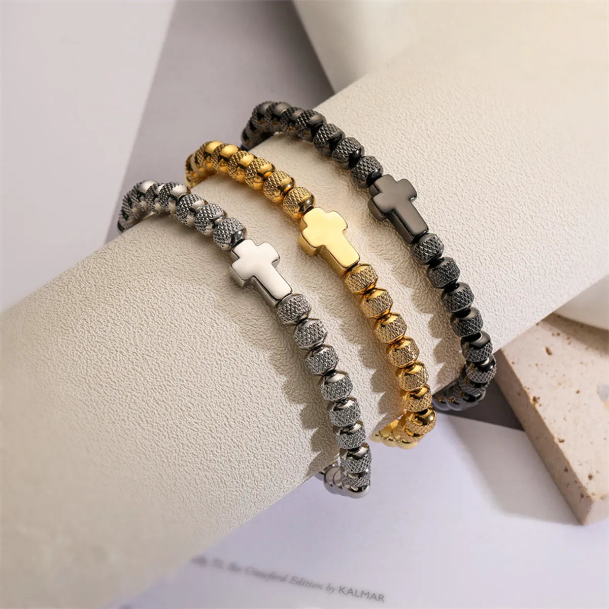 Classic Style Commute Cross Stainless Steel Copper Beaded Bracelets