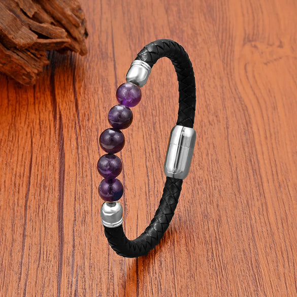 Classic Style Commute Round Leather Rope Stone Metal String Beads Unisex Bracelets