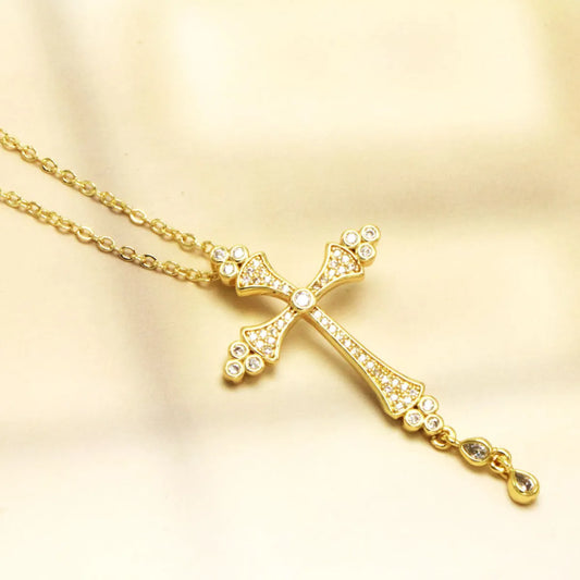 Classic Style Cross Copper Inlay Rhinestones Pendant Necklace