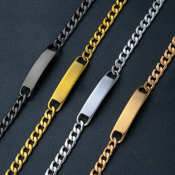 Classic Style Customization Laser Engraving Solid Color 201 Stainless Steel Cuban Link Chain Curb Chain Bracelets In Bulk