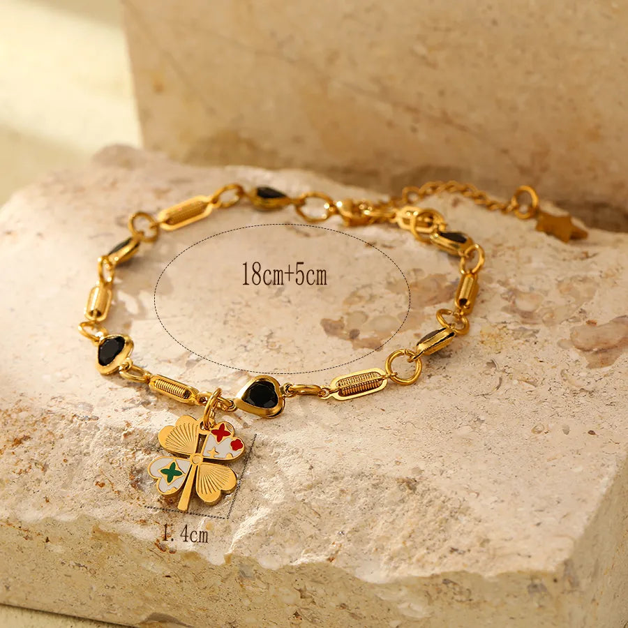 Classic Style Four Leaf Clover Round Heart Shape 304 Stainless Steel 18K Gold Plated Zircon Bracelets In Bulk