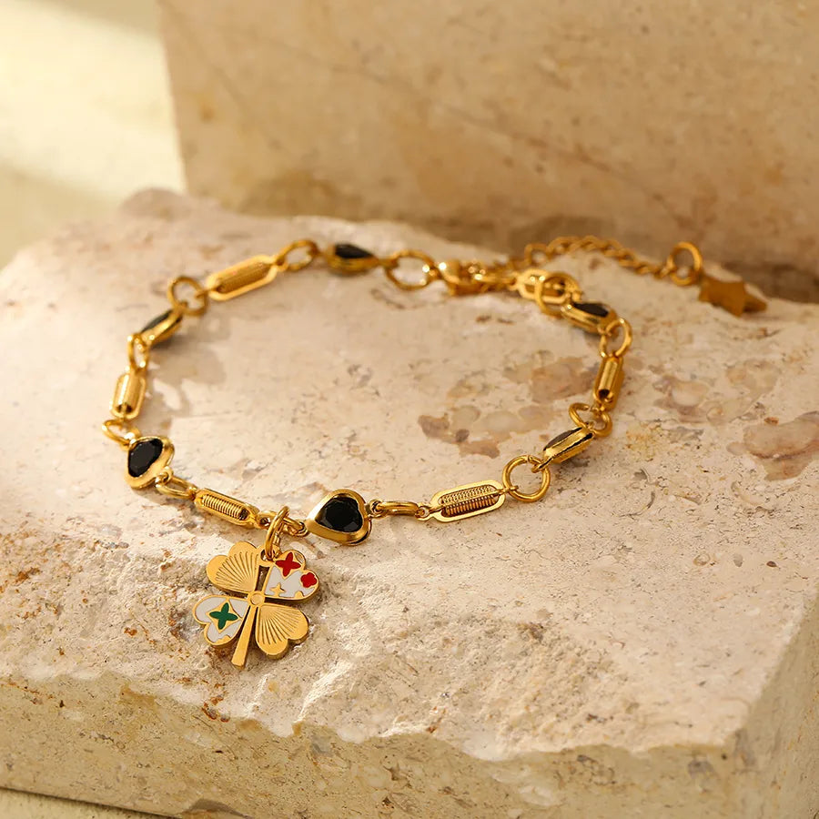 Classic Style Four Leaf Clover Round Heart Shape 304 Stainless Steel 18K Gold Plated Zircon Bracelets In Bulk