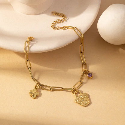 Classic Style Four Leaf Clover Round Heart Shape 304 Stainless Steel 18K Gold Plated Zircon Bracelets In Bulk