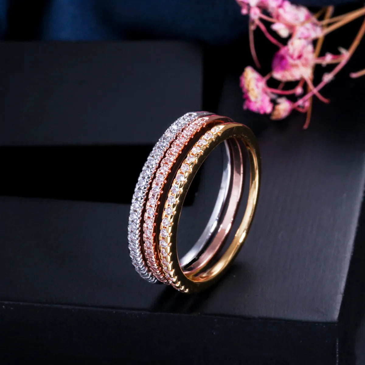 Classic Style Geometric Copper 14k Gold Plated Gold Plated Rhodium Plated Zircon Rings In Bulk