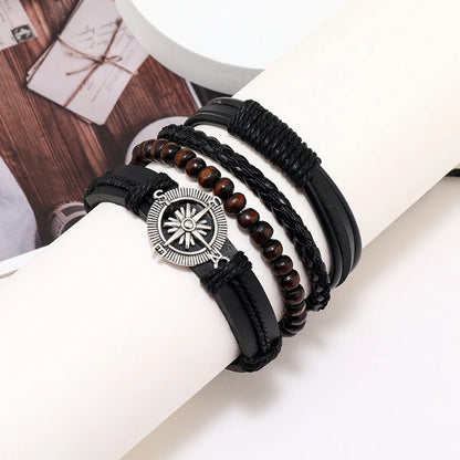 Classic Style Geometric Cross Leaf Pu Leather Alloy Beaded Braid Men'S Bracelets