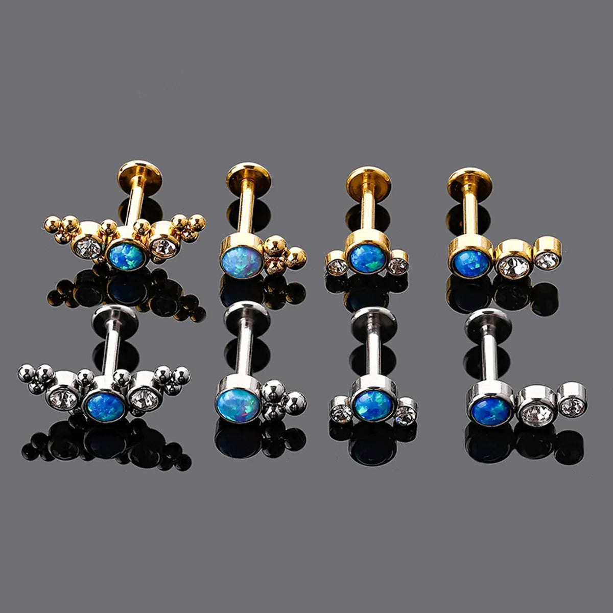 Classic Style Geometric Stainless Steel Inlay Opal Zircon Lip Stud Ear Studs