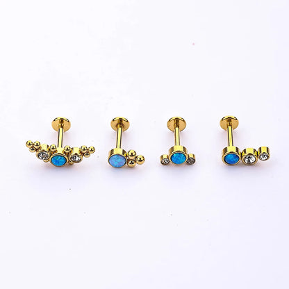 Classic Style Geometric Stainless Steel Inlay Opal Zircon Lip Stud Ear Studs