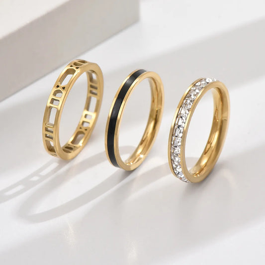 Classic Style Geometric Stainless Steel Rings Hollow Out Inlay Artificial Rhinestones Stainless Steel Rings 1 Set