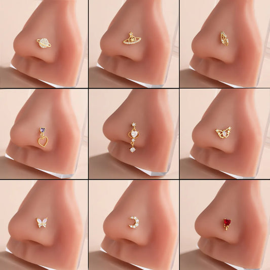 Classic Style Heart Shape Stainless Steel Copper Plating Inlay Zircon 18k Gold Plated Nose Studs