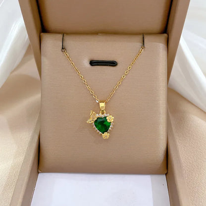 Classic Style Heart Shape Titanium Steel Brass Inlay Artificial Gemstones Pendant Necklace