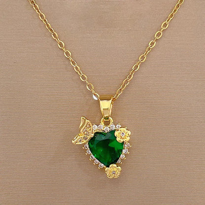 Classic Style Heart Shape Titanium Steel Brass Inlay Artificial Gemstones Pendant Necklace