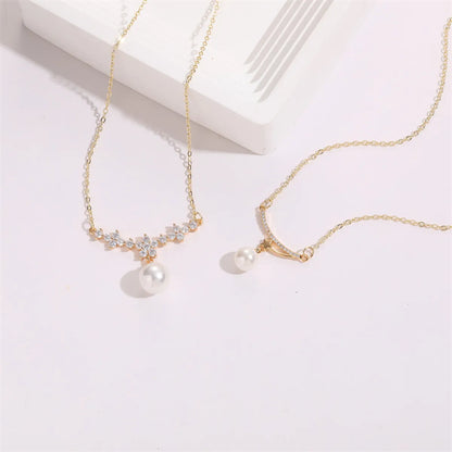 Classic Style Moon Flower Butterfly Copper Gold Plated Artificial Pearls Zircon Pendant Necklace 1 Piece