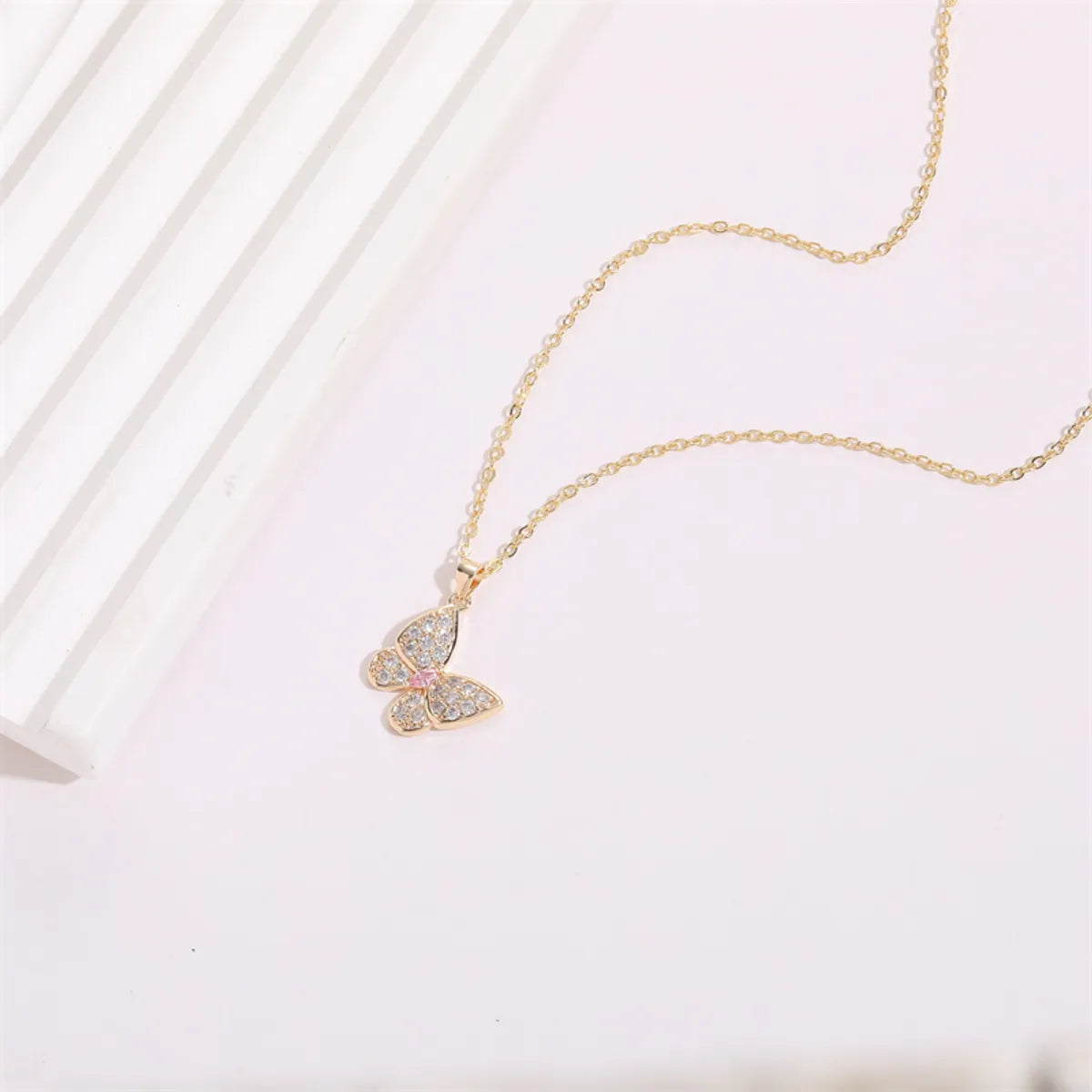 Classic Style Moon Flower Butterfly Copper Gold Plated Artificial Pearls Zircon Pendant Necklace 1 Piece