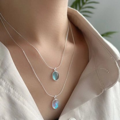 Classic Style Oval Sterling Silver Inlay Moonstone Pendant Necklace