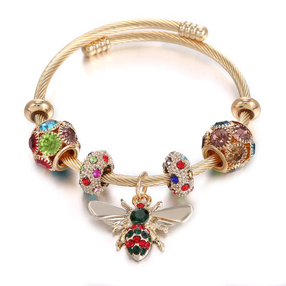 Classic Style Round Bee Stainless Steel Alloy Copper Inlay Artificial Gemstones Bangle